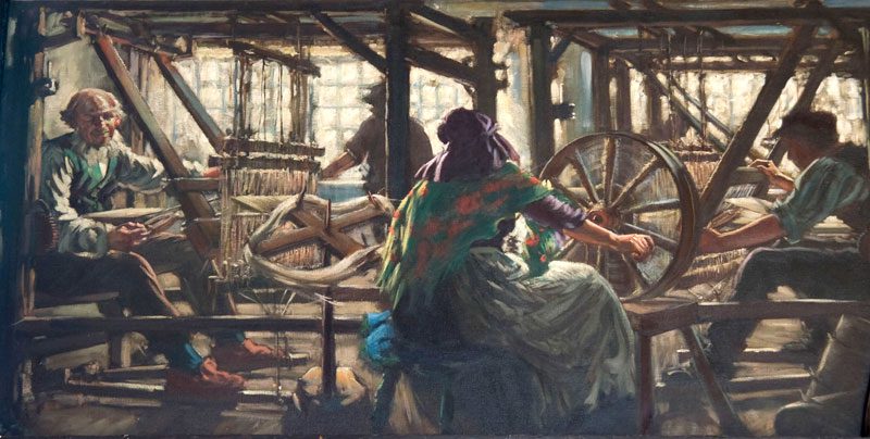 Weaving shop left panel, painting by Francis H Newbery
