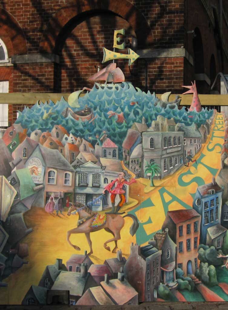 Section of the Bucky Doo Square mural prior to damage. The boat and weather vane detail will be remade and the mural repaired