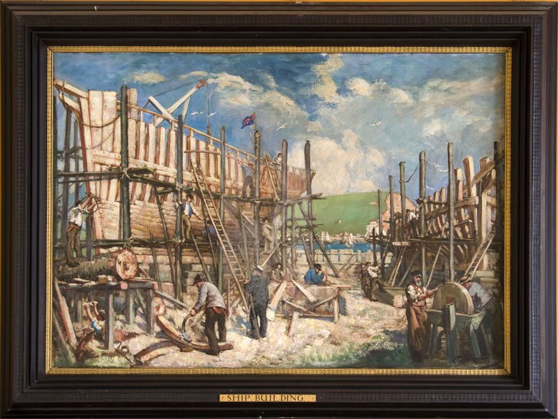 Ship building, thought to represent the "Lillian" the last tall ship built in Bridport Harbour